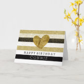 Gold Black Stripes Gouden Hart Verjaardag Kaart (Gele Bloem)