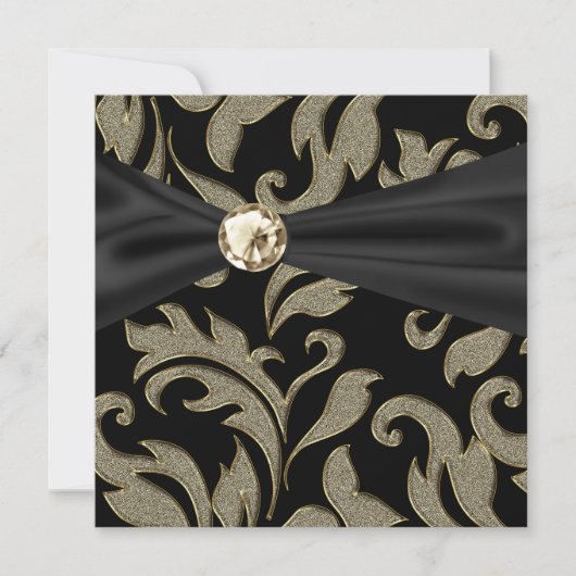 Gold Black Stropdas Black Damask Party Invitation Kaart (Voorkant)