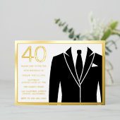 Gold & Black Suit & Stropdas 40th Birthday Party G Folie Uitnodiging (Staand Voorkant)