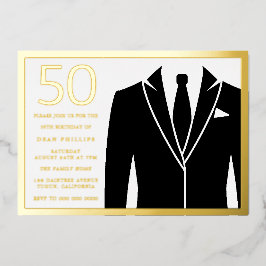 Gold & Black Suit & Stropdas 50th Birthday Party G Folie Uitnodiging