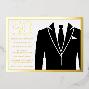Gold & Black Suit & Stropdas 50th Birthday Party G Folie Uitnodiging