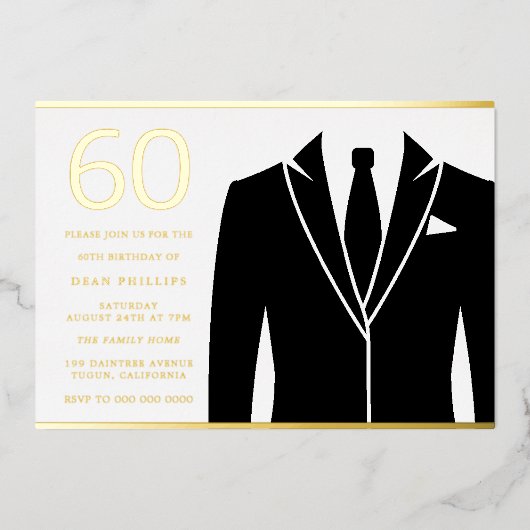 Gold & Black Suit & Stropdas 60th Birthday Party G Folie Uitnodiging (Voorkant)