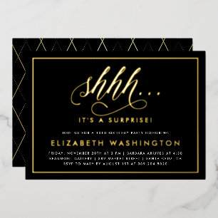 Gold & Black Surprise Birthday Party Folie Uitnodiging