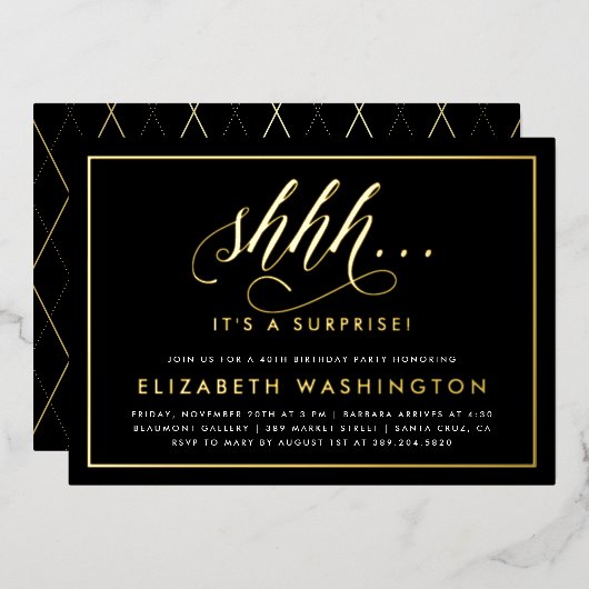 Gold & Black Surprise Birthday Party Folie Uitnodiging (Voorkant / Achterkant)