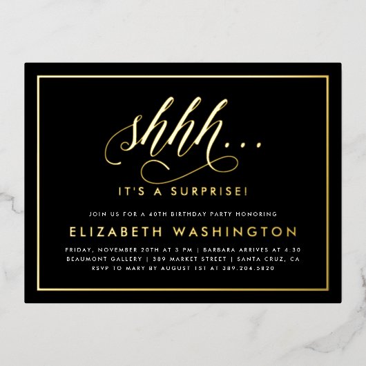 Gold & Black Surprise Birthday Party Folie Uitnodiging Briefkaart (Voorkant)