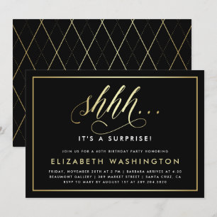 Gold & Black Surprise Birthday Party Kaart