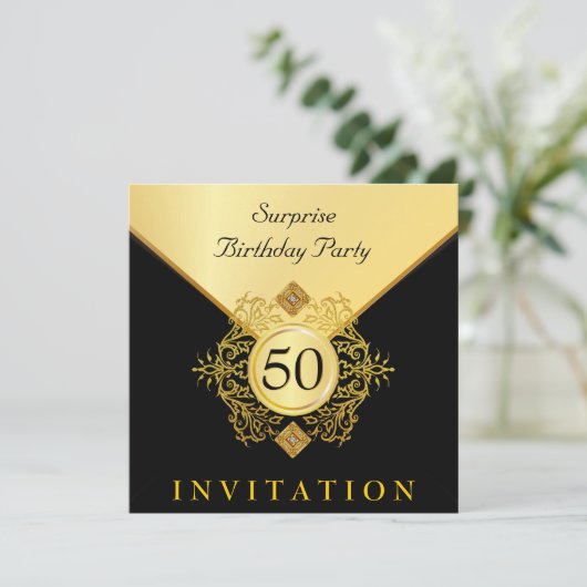 Gold Black Surprise Birthday Party-uitnodigingen Kaart (Staand voorkant)