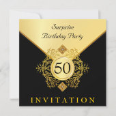 Gold Black Surprise Birthday Party-uitnodigingen Kaart (Voorkant)