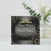 Gold/Black Sweet16 Star & Tiara Birthday Invite Kaart (Staand voorkant)