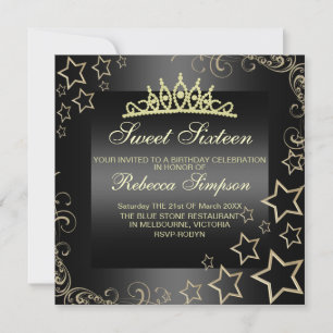 Gold/Black Sweet16 Star & Tiara Birthday Invite Kaart