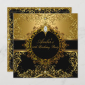 Gold & Black Swirl Birthday Party Invite Kaart (Voorkant / Achterkant)