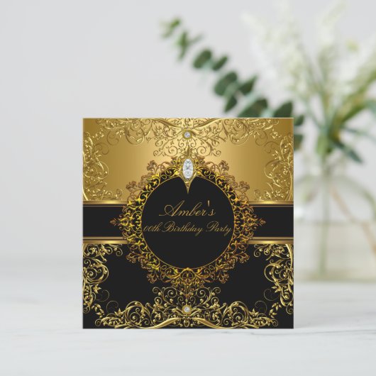 Gold & Black Swirl Birthday Party Invite Kaart (Staand voorkant)