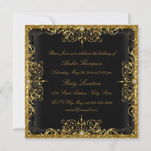 Gold & Black Swirl Birthday Party Invite Kaart (Achterkant)