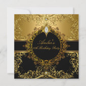 Gold & Black Swirl Birthday Party Invite Kaart (Voorkant)