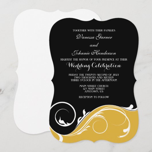 Gold Black Swirl Bracket Wedding Invites Kaart (Voorkant / Achterkant)