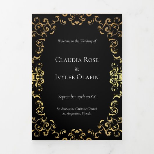 Gold & Black Swirl Gothic Wedding Drieluik Programma (Cover)