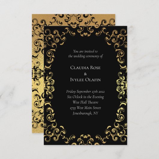 Gold & Black Swirl Gothic Wedding Kaart (Voorkant / Achterkant)