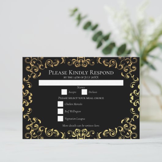 Gold & Black Swirl Gothic Wedding Kaart (Staand voorkant)