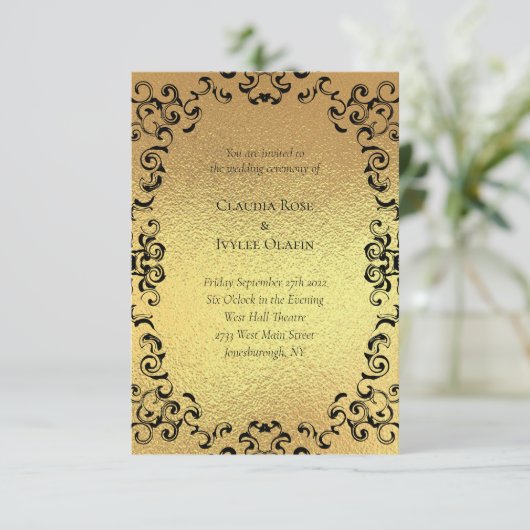 Gold & Black Swirl Gothic Wedding Kaart (Staand voorkant)