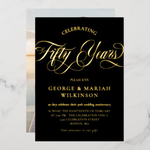 Gold Black Swirly Script 50th Wedding Jubileum Folie Uitnodiging