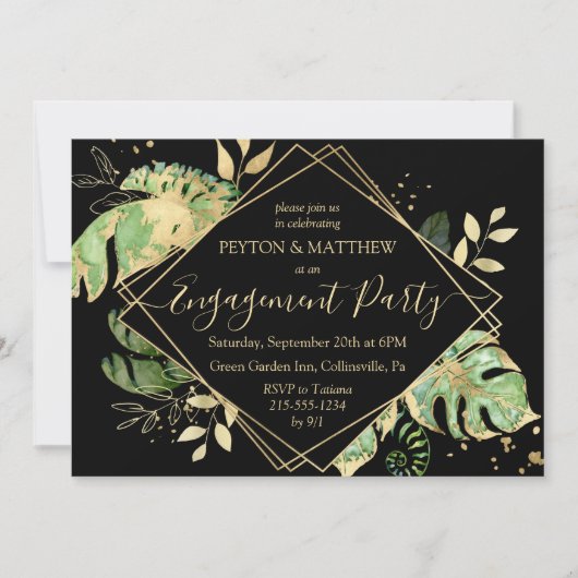 Gold & Black Tropical Foliage Engagement Party in Kaart (Voorkant)