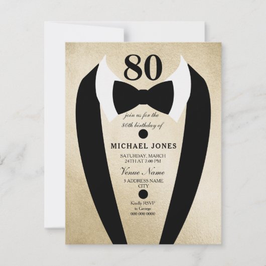 Gold Black Tuxedo Mannen 80th Birthday Party Invit Kaart (Voorkant)