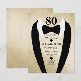 Gold Black Tuxedo Mannen 80th Birthday Party Invit Kaart