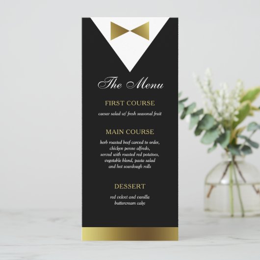 Gold & Black Tuxedo-menukaart, modern, formeel Menu (Staand voorkant)