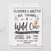 Gold Black Twins Wild One Birthday Invitation Kaart (Voorkant)