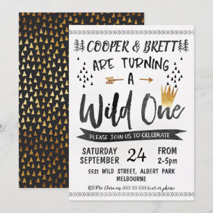 Gold Black Twins Wild One Birthday Invitation Kaart