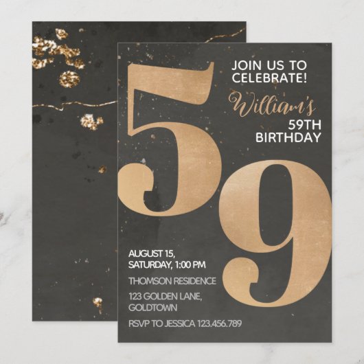 Gold Black, uitnodiging van 59th Birthday (Voorkant / Achterkant)