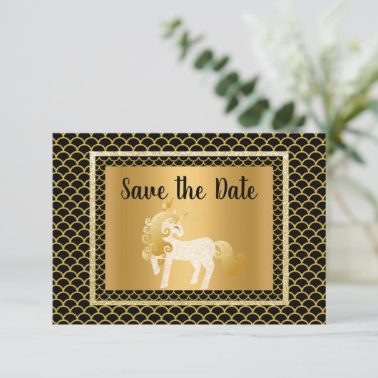 Gold Black Unicorn Mermaid Party Opslaan datum Kaart (Staand voorkant)