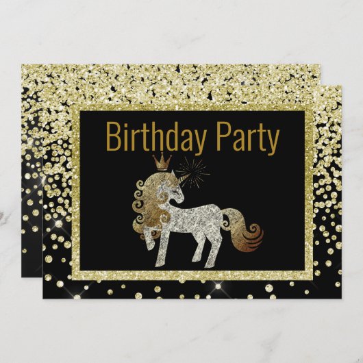 Gold Black Unicorn Sparkle Birthday Kaart (Voorkant / Achterkant)