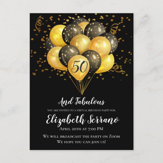 Gold Black Virtual 50th Birthday Party Briefkaart (Voorkant)