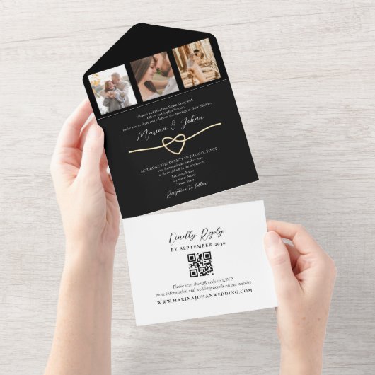 Gold Black Wedding All-in-One QR Uitnodiging (Afscheurbaar)