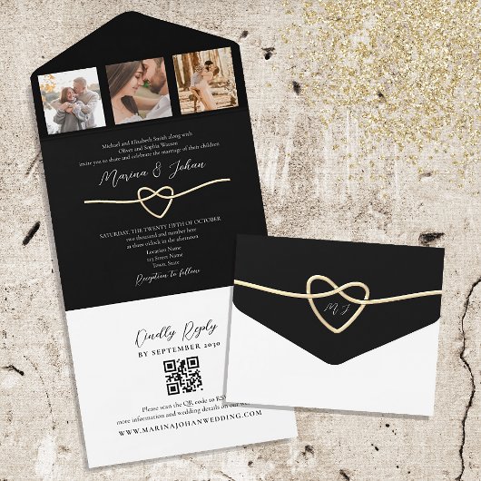 Gold Black Wedding All-in-One QR Uitnodiging