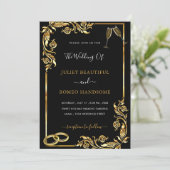 Gold Black Wedding Invitation - Rings & Champagne (Staand voorkant)