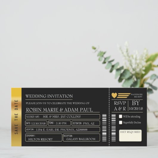 Gold & Black Wedding Ticket uitnodiging (Staand voorkant)
