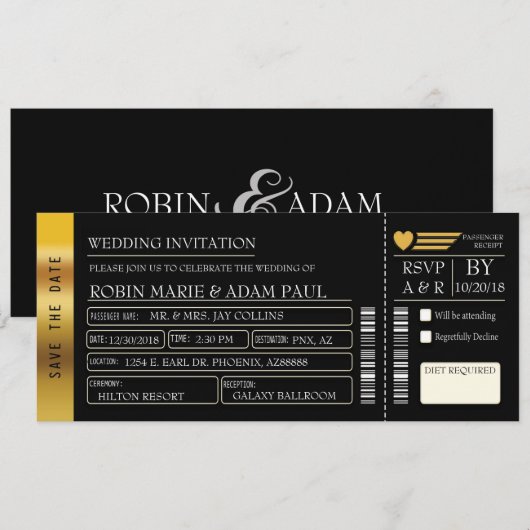 Gold & Black Wedding Ticket uitnodiging (Voorkant / Achterkant)