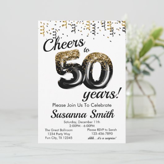 Gold Black White Classy 50th Birthday Party Kaart (Staand voorkant)