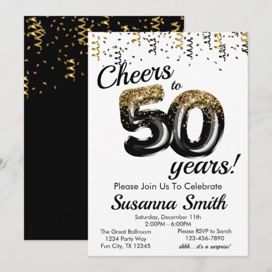 Gold Black White Classy 50th Birthday Party Kaart (Voorkant / Achterkant)
