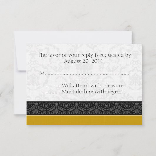 Gold Black & White Damask Wedding RSVP Reply Cards (Voorkant)