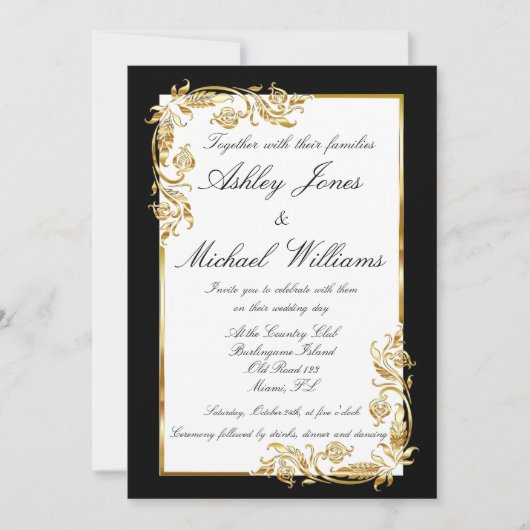 Gold Black White Elegant Glamoureuze Cordial Wedde Kaart (Voorkant)