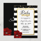 Gold Black White Floral RED Rose Baby shower Kaart (Voorkant / Achterkant)