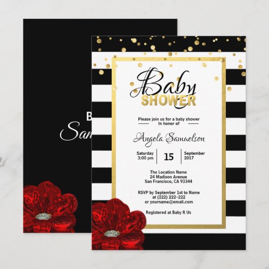 Gold Black White Floral RED Rose Baby shower Kaart (Voorkant / Achterkant)
