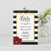Gold Black White Floral RED Rose Baby shower Kaart (Staand voorkant)