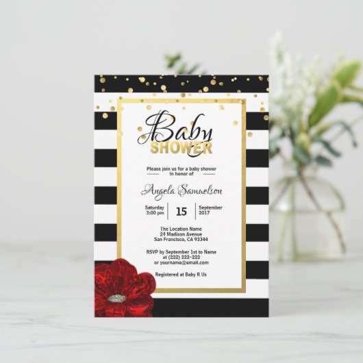 Gold Black White Floral RED Rose Baby shower Kaart (Staand voorkant)