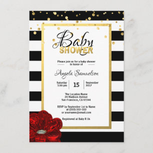 Gold Black White Floral RED Rose Baby shower Kaart