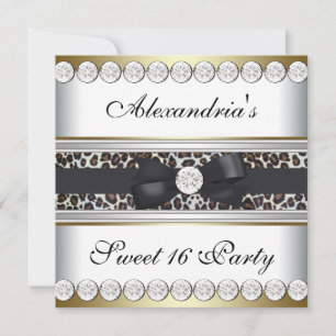 Gold Black White Leopard Sweet 16 Party Kaart