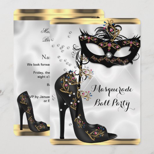 Gold Black White Masquerade Ball Party Masker Jewe Kaart (Voorkant / Achterkant)